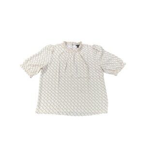 Ann Taylor Women's Beige Geometric Print Ruffle Neck Short Sleeve Blouse Top S‎